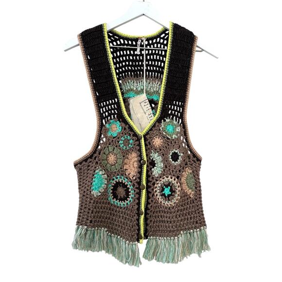 Free People Desert Rose Crochet Fringe Vest Multicolor Boho Festival Medium - Picture 4 of 9